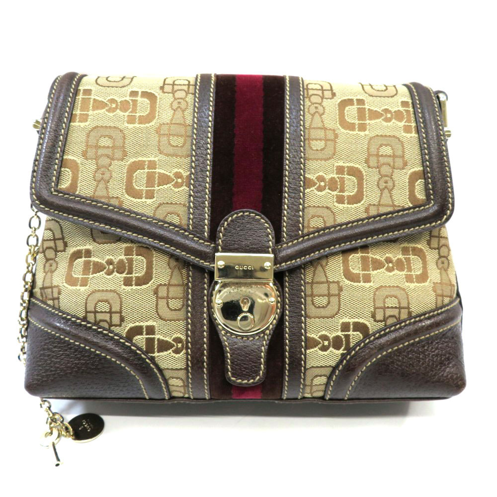 GUCCI Shoulder Bag Canvas Leather Brown Beige
